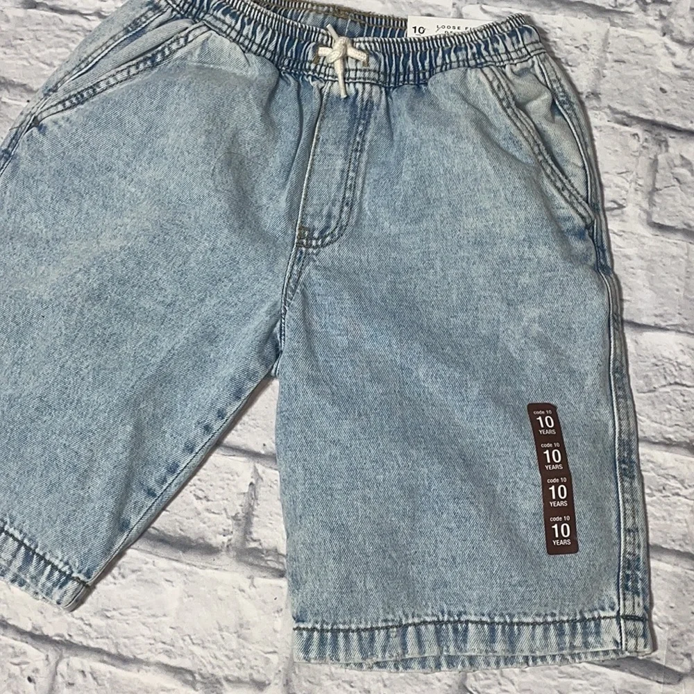 Zara Youth Boy Drawstring Waist Distressed Hem Light Acid Wash Loose Jean Shorts